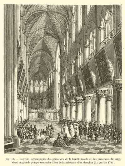 De koningin, vergezeld door prinsessen van de koninklijke familie en prinsessen van het bloed, komt in grote pracht God danken voor de geboorte van een dauphin, 21 januari 1782 door French School