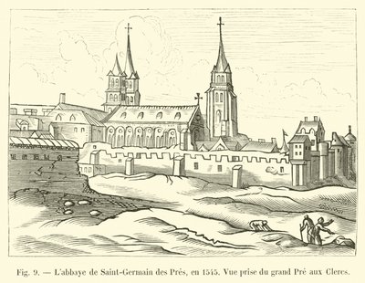 De abdij van Saint-Germain des Pres, in 1545, Uitzicht vanaf de grote Pre aux Clercs door French School