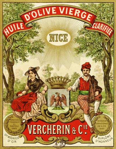 Etiket voor Vercherin Extra Virgin Olijfolie, c.1885-90 door French School
