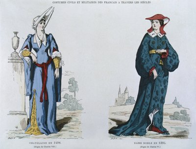 Dame in 1498 onder het bewind van Karel VIII (1470-98), adellijke vrouw in 1395 onder het bewind van Karel VI (1380-1422), uit Costumes civils et militaires des francais a travers les siecles door French School