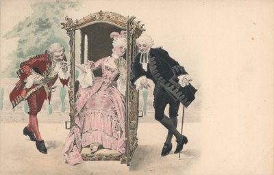 Dame in draagstoel, met mannelijke bewonderaars (chromolitho) door French School