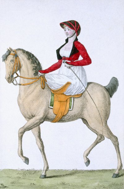 Dame die zijwaarts rijdt, uit Costumes Parisien, gepubliceerd in Journal des Dames et des Modes, 1798 door French School