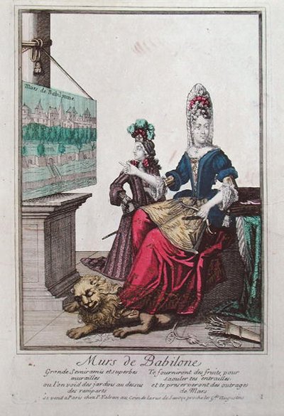 Dame toont een afbeelding van Semiramis en de Hangende Tuinen van Babylon door French School