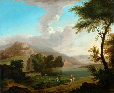 Landschap met figuren bij een meer door French School