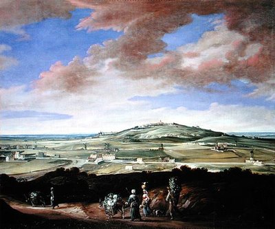 Landschap met een stad op een heuvel door French School