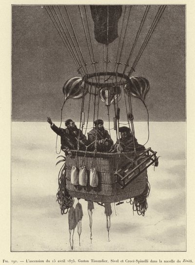 De opstijging van 15 april 1875, Gaston Tissandier, Sivel en Croce-Spinelli in de gondel van de Zenith door French School