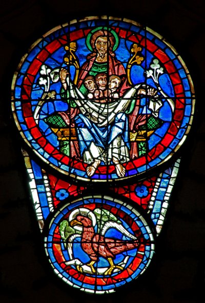 Laatste Oordeel: de schoot van Abraham met 3 zielen; St. Johannes