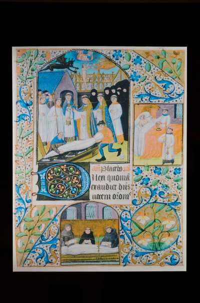 Laatste sacramenten - Dodenmis - Begrafenis, perkamentpagina uit een Getijdenboek, Noord-Frankrijk, rond 1480 door French School