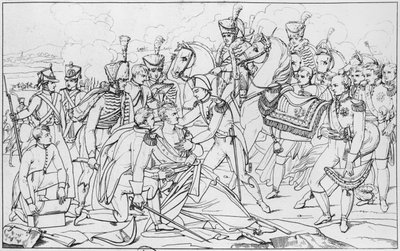 Laatste momenten van maarschalk Lannes, hertog van Montebello, bij de slag bij Essling op 22 mei 1809, naar een schilderij van Albert Paul Bourgeois, Salon van 1810 door French School