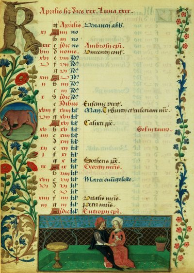 April; Twee geliefden zittend buiten, door Robinet Testard, uit de Getijden van Karel van Angoulême door French School