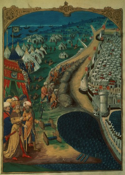 De belangrijkste adviseur van Mohammed II, mogelijk Miseh Paleologue, die de Turkse operaties leidt, ca. 1480, uit Een Geschiedenis van het Beleg van Rhodos, door Guillaume Caoursin, 1483 door French School