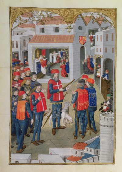 De Ridders van St. Jan van Jeruzalem bereiden zich voor om Rhodos te verdedigen, uit A History of the Siege of Rhodes, door Guillaume Caoursin, 1483 door French School