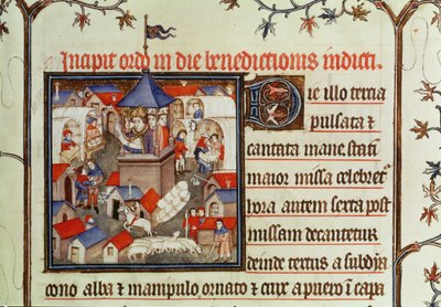 Miniatuur van een bisschop die de jaarlijkse kermis of markt zegent, gehouden twee weken in juni op de vlakten van St. Denis, uit een pontificaal, 1301-1400 door French School