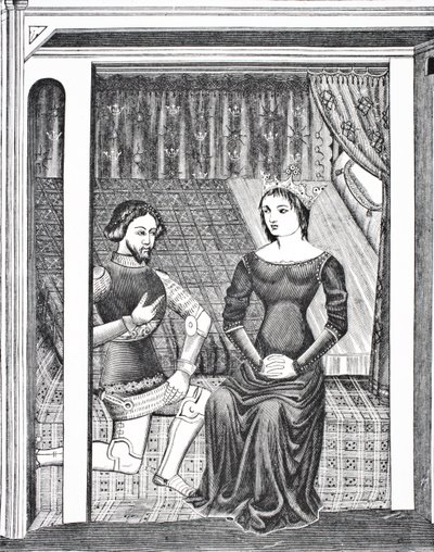 Lancelot en Guinevere, naar een miniatuur uit een 14e-eeuws manuscript, uit Wetenschap en Literatuur in de Middeleeuwen door Paul Lacroix, gepubliceerd in Londen 1878 door French School