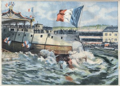 Lancering van het slagschip Republique in Brest, Frankrijk. Gravure in Le Petro Parisien door French School
