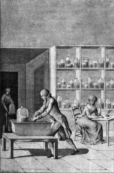Lavoisier in zijn laboratorium in het Arsenal, demonstrerend een experiment over ademhaling, 18e eeuw door French School