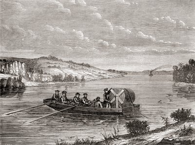 Het leggen van een telegraafkabel onder een Amerikaanse rivier ca. 1860, uit Les Merveilles de la Science, gepubliceerd ca. 1870 door French School