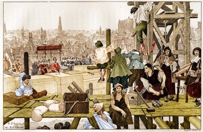 Legging van de eerste steen van de Sorbonne, door Kardinaal Richelieu, in aanwezigheid van de aartsbisschop van Rouen Francois du Harlay in de 17e eeuw door French School