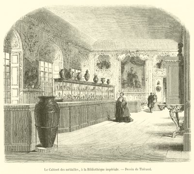 Het Kabinet van Medailles, in de Keizerlijke Bibliotheek (gravure) door French School
