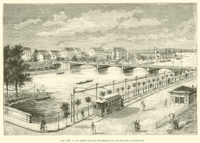 De elektrische spoorweg van Sacchausen naar Offenbach (gravure) door French School