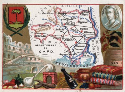 Le Gard (30), Languedoc-Roussillon, Frankrijk - Lokale specialiteit: eau de vie (distilleerapparaat) en wijn - Portret van Jean-Pierre-Claris de Florian (1755-1794) - Serie over de Franse departementen - Chromolithografie door French School