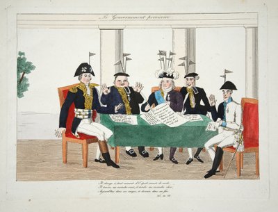 Le Gouvernement Provisoire, pub. 1814 (handgekleurde gravure) door French School
