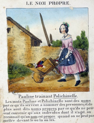 Le Nom Proper (een meisje dat haar speelgoed draagt) - in "La grammaire en images" door French School