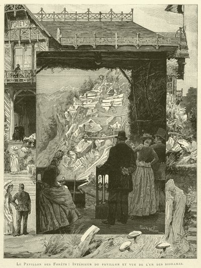 Het Paviljoen van de Bossen, interieur van het paviljoen en uitzicht op een van de diorama