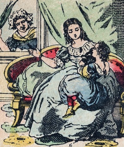 Le Pere Fouettard, Frans personage voor de geselende vader, legendarische figuur uit de folklore die stoute kinderen straft: zijn vrouw, La Mere Fouettard de geselende moeder die de wijze kinderen niet berispt - Epinal afbeelding door French School