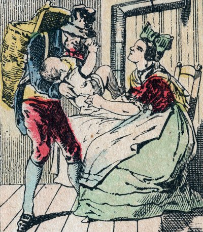Le Pere Fouettard Franse figuur voor de geselende vader, legendarische figuur uit de folklore die stoute kinderen straft en de ongehoorzame opsluit, Epinal afbeelding 19e eeuw (gravure) door French School