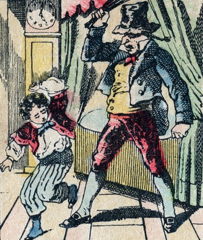 Le Pere Fouettard legendarische figuur uit de folklore, die ongehoorzame kinderen straft met zijn zweep, en ongehoorzame kinderen opsluit, afbeelding van Epinal door French School