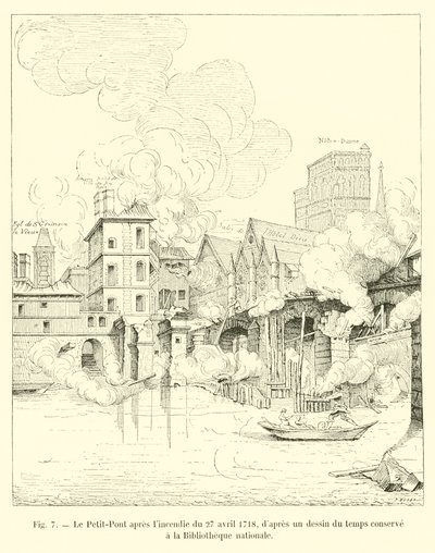 De Petit-Pont na de brand van 27 april 1718, naar een tekening uit die tijd bewaard in de Nationale Bibliotheek door French School