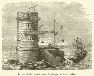 De Vuurtoren van Ar-Men, op de chaussée de Sein, Finistère (gravure) door French School