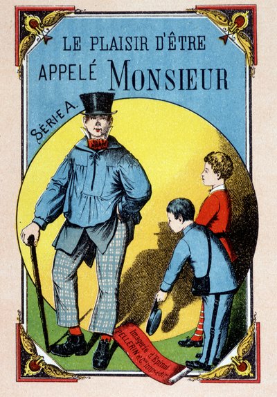 Het plezier om Monsieur genoemd te worden: kinderen begroeten een arbeider in een blouse met hoge hoed, afbeelding van Epinal, 19e eeuw door French School