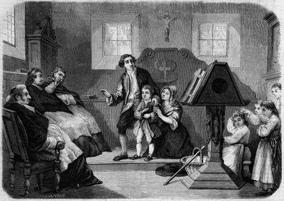 Le Salon de 1857 - Eerste debuut van Lesueur, componist van muziek, door Laurent Detouche. Jean Francois Lesueur (1760-1837), als koorknaap. Gravure in "Le Monde Illustré" n°22 van 12 september 1857. door French School