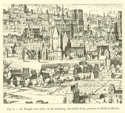De Tempel rond 1620, gezien vanaf de voorstad, facsimile van een gravure van Mathieu Merian door French School
