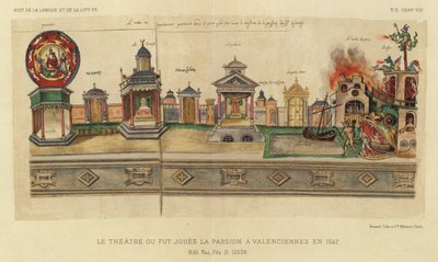 Het theater waar de Passie werd gespeeld in Valenciennes in 1547 (kleur litho) door French School
