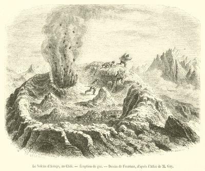 De vulkaan van Antujo, in Chili, gasuitbarsting (gravure) door French School