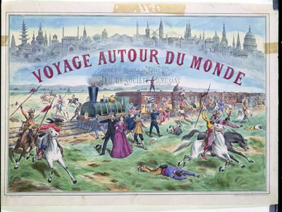 Le Voyage Autour du Monde, doosdeksel voor een spel gebaseerd op De reis om de wereld in 80 dagen van Jules Verne (1828-1905) door French School