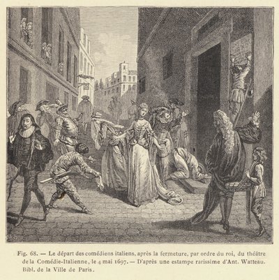 Vertrek van de Italiaanse komedianten, na de sluiting, op bevel van de koning, van het theater van de Comedie-Italienne, op 4 mei 1697 door French School