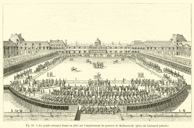 De grote carrousel gehouden in 1662 op de plaats van het parterre van Mademoiselle, huidige Place du Carrousel door French School