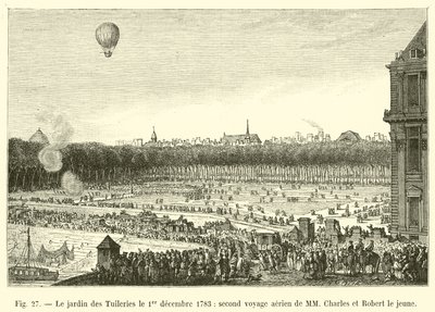 De tuin van de Tuilerieën op 1 december 1783, tweede luchtvaartreis van de heren Charles en Robert de jonge door French School
