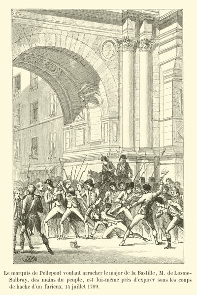 De markies van Pellepont probeert de majoor van de Bastille, M de Losme-Salbray, uit de handen van het volk te redden, maar wordt zelf bijna gedood door een woedende menigte, 14 juli 1789 door French School