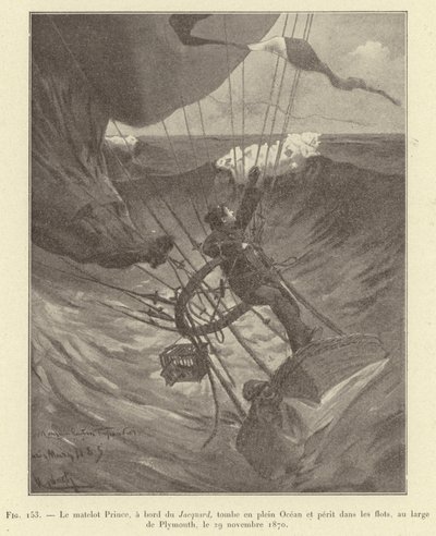 Matroos Prince, aan boord van de Jacquard, valt in volle oceaan en verdrinkt in de golven, voor de kust van Plymouth, 29 november 1870 door French School