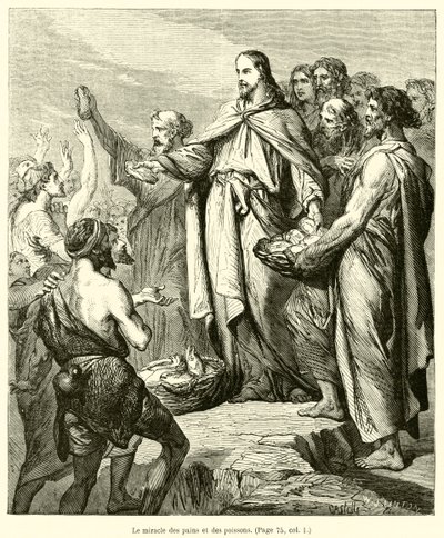 Het wonder van de broden en de vissen (gravure) door French School