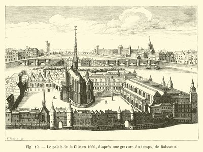 Het Paleis van de Stad in 1660, volgens een gravure uit die tijd, door Boisseau door French School