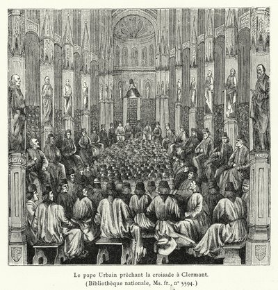De paus Urbanus predikt de kruistocht in Clermont (gravure) door French School