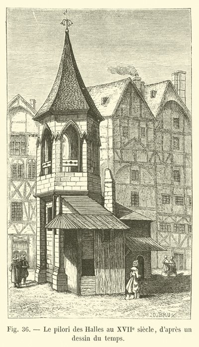 Schandpaal van de Hallen in de 17e eeuw, naar een tekening uit die tijd door French School