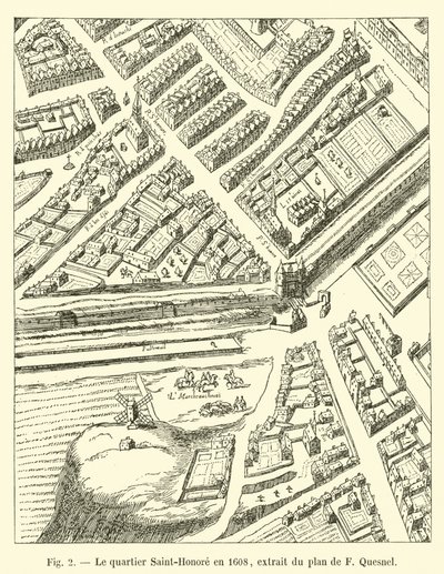 De wijk Saint-Honoré in 1608, uit het plan van F Quesnel door French School