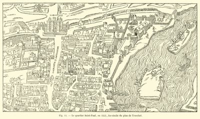 De wijk Saint-Paul, in 1552, facsimile van het plan van Truschet door French School